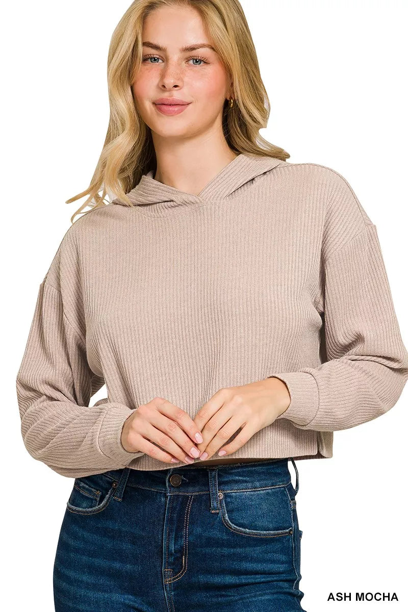Zenana Drop Shoulder Ribbed Crop Hoodie Ash Mocha | Hoodies Daverri Fashions