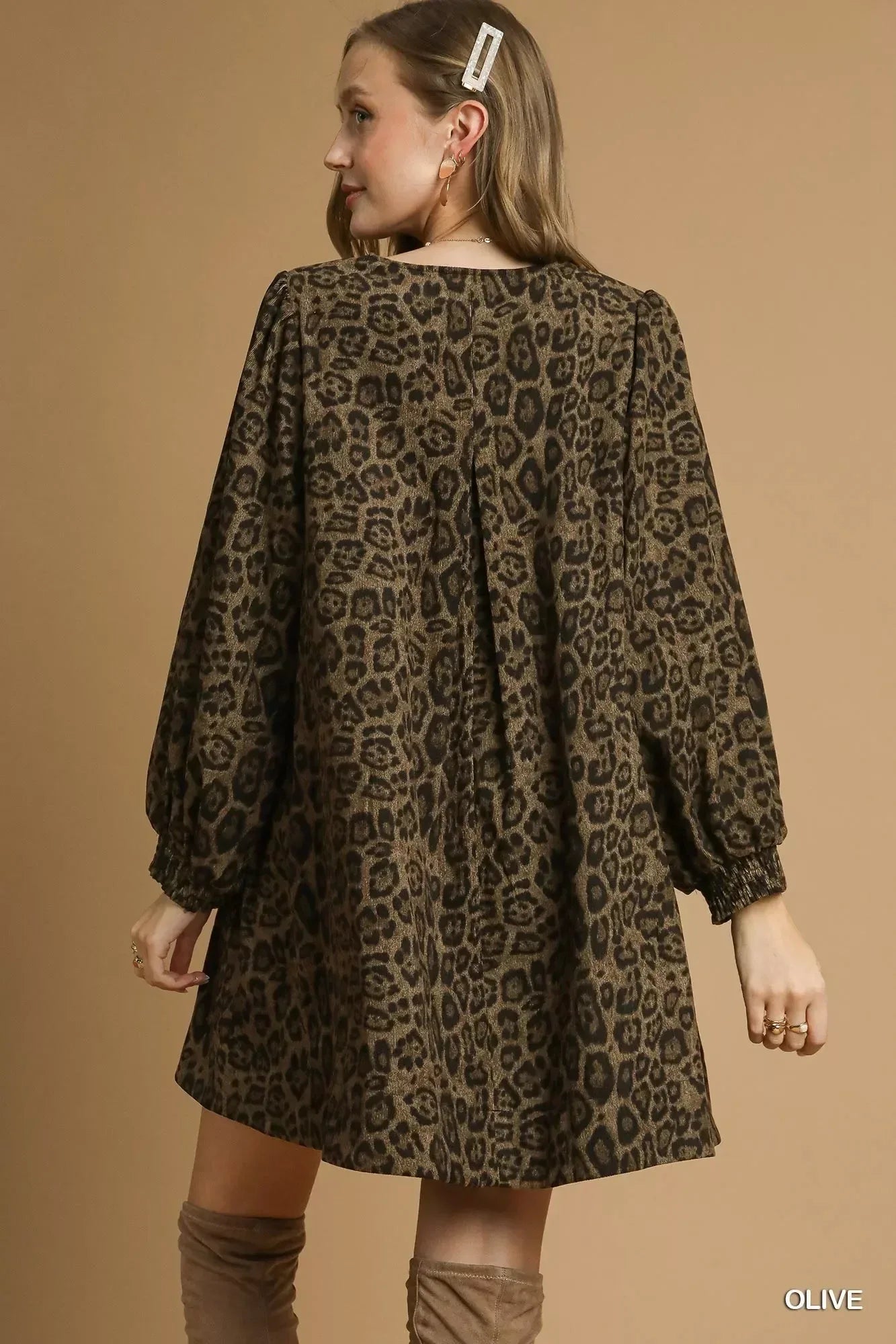 Umgee Leopard Print Long Sleeve Swing Dress - DAVERRI FASHIONS