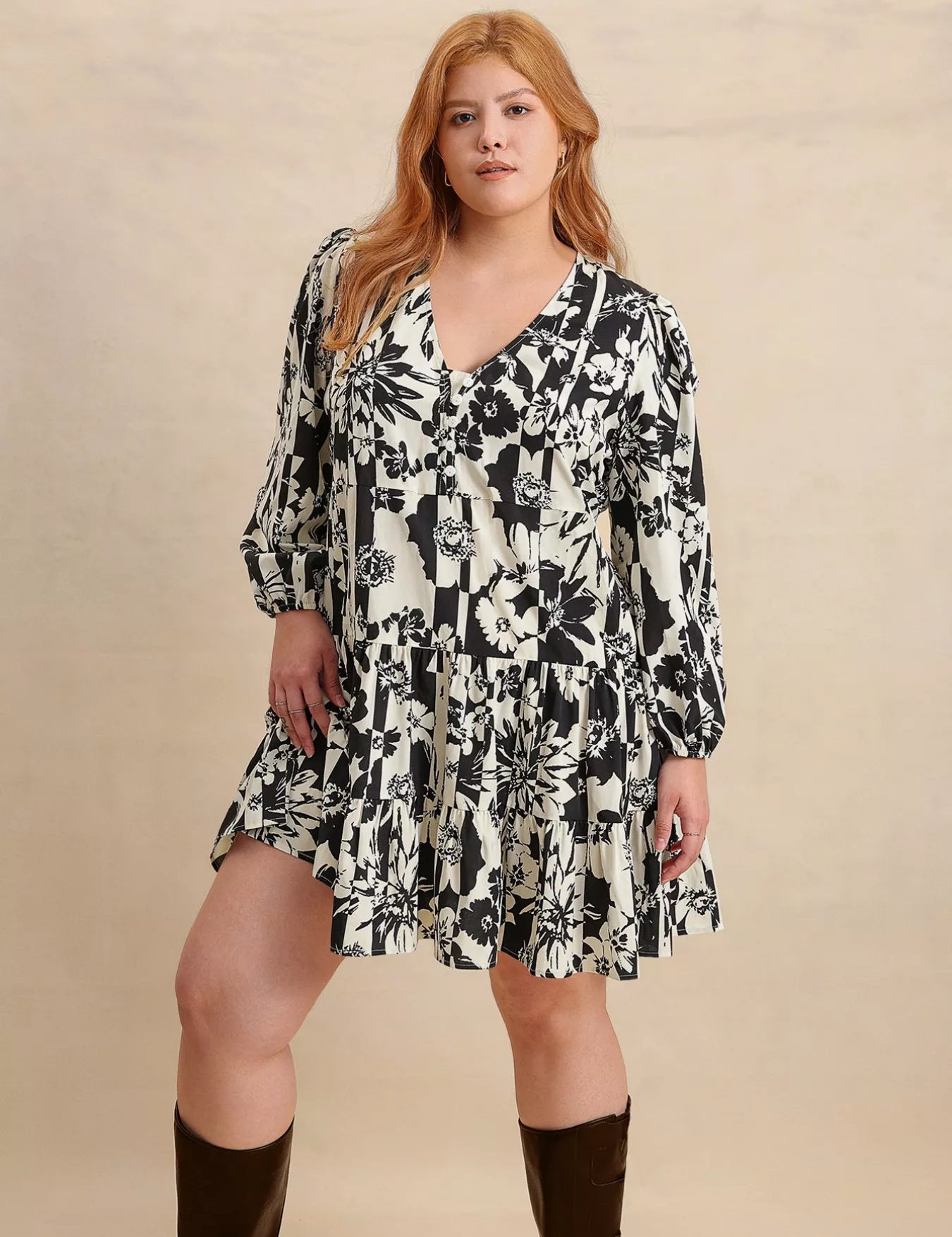 Plus Size Printed V-Neck Long Sleeve Mini Dress | Mini Dresses Daverri Fashions