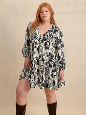 Plus Size Printed V-Neck Long Sleeve Mini Dress | Mini Dresses Daverri Fashions