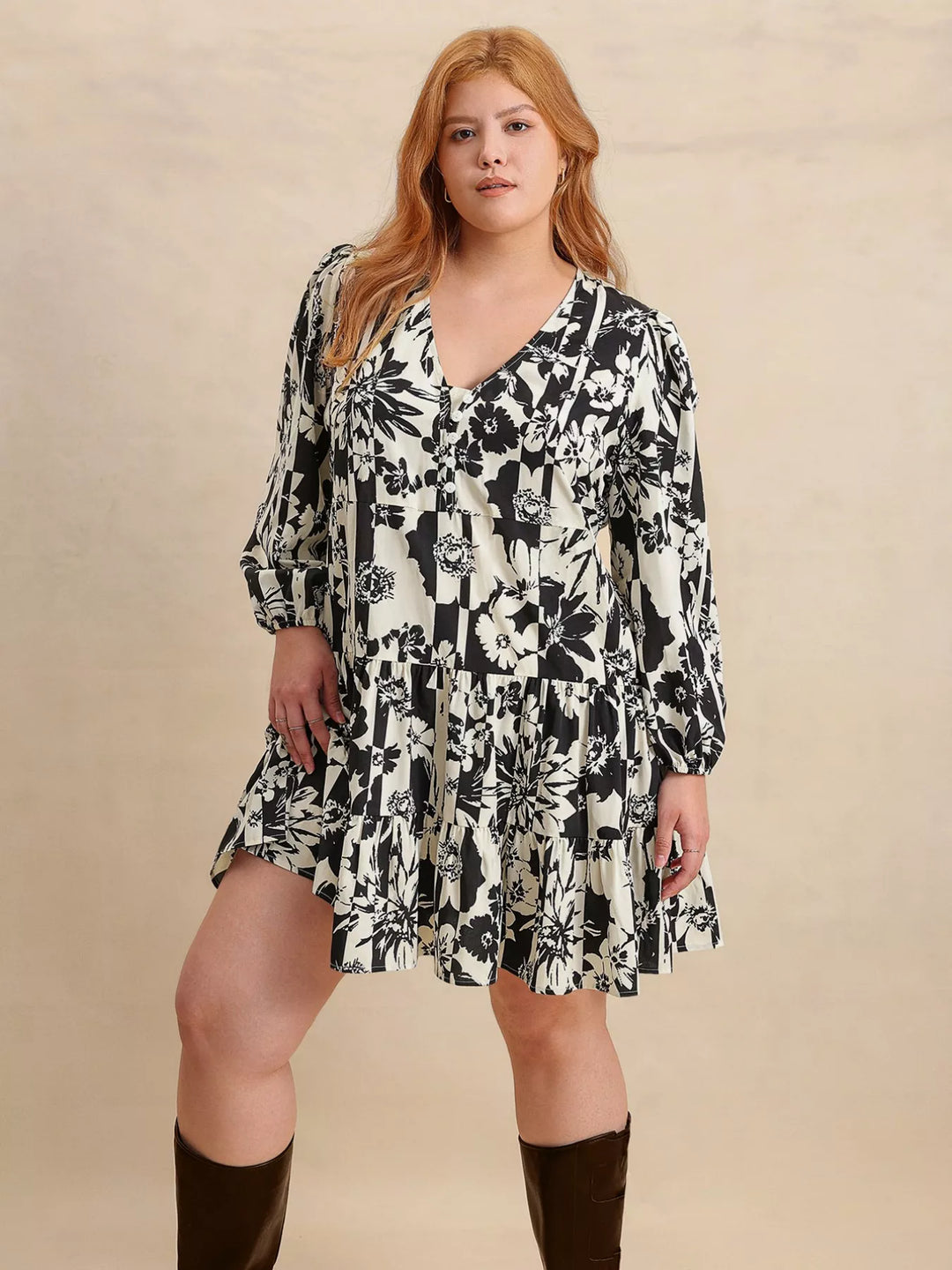 Plus Size Printed V-Neck Long Sleeve Mini Dress | Mini Dresses Daverri Fashions