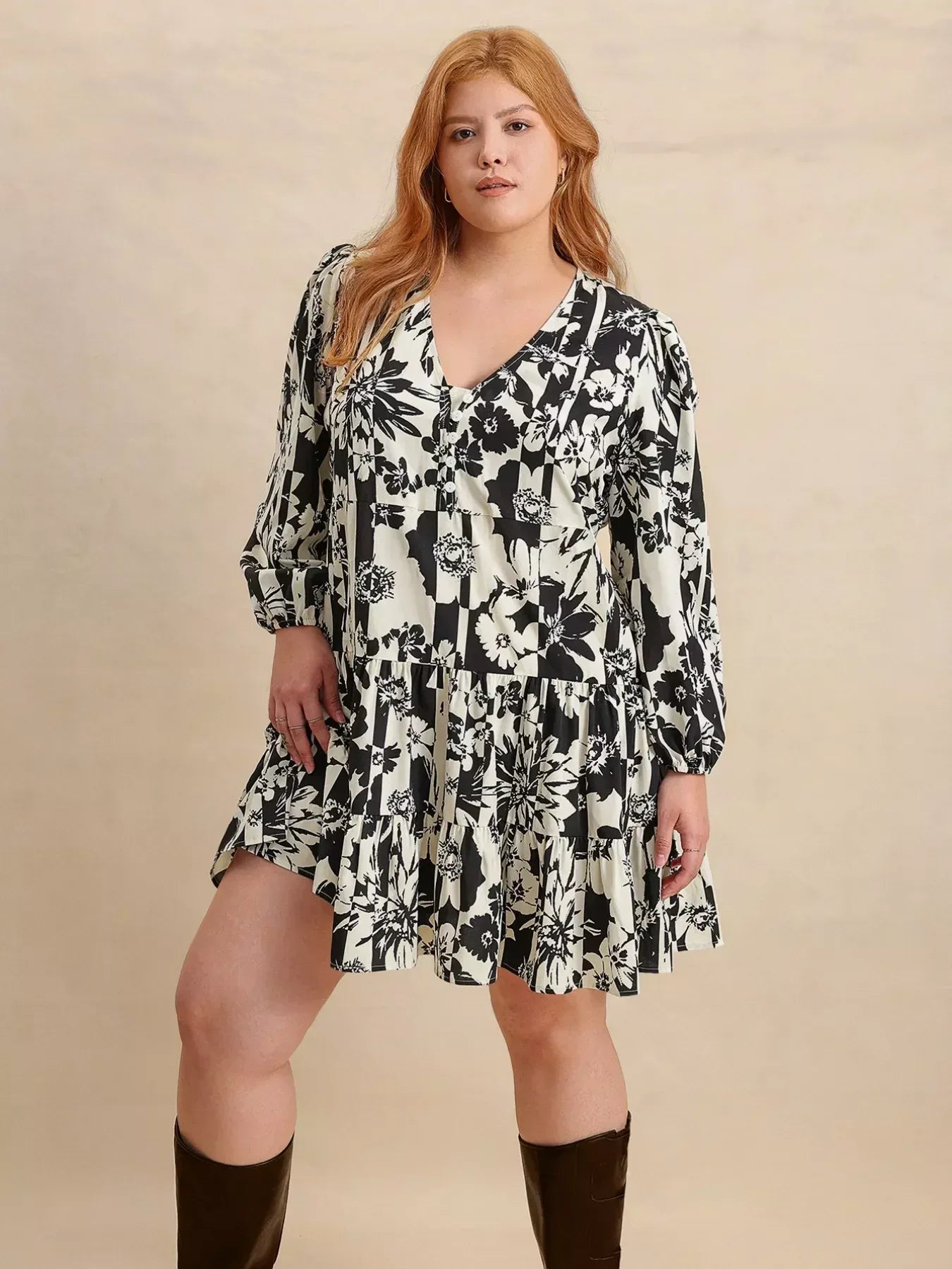 Plus Size Printed V-Neck Long Sleeve Mini Dress - DAVERRI FASHIONS