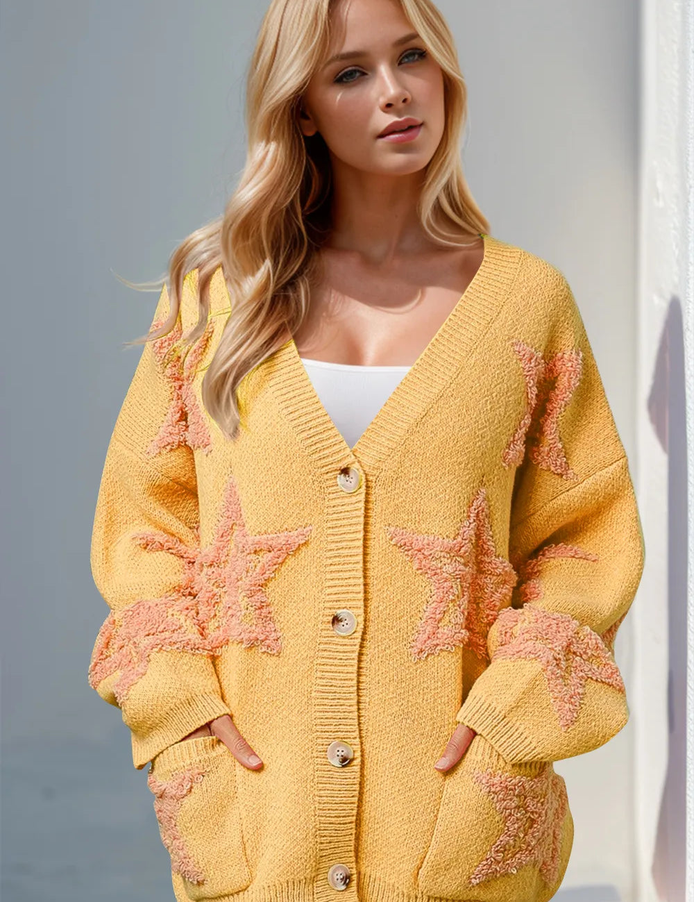 Yellow Double Take Full Size Button Up Star Pattern Cardigan | Cardigans Daverri Fashions
