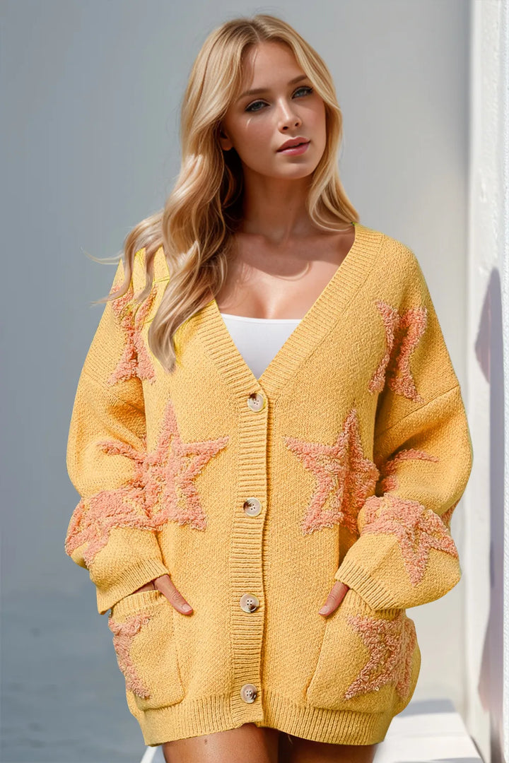Yellow Double Take Full Size Button Up Star Pattern Cardigan | Cardigans Daverri Fashions