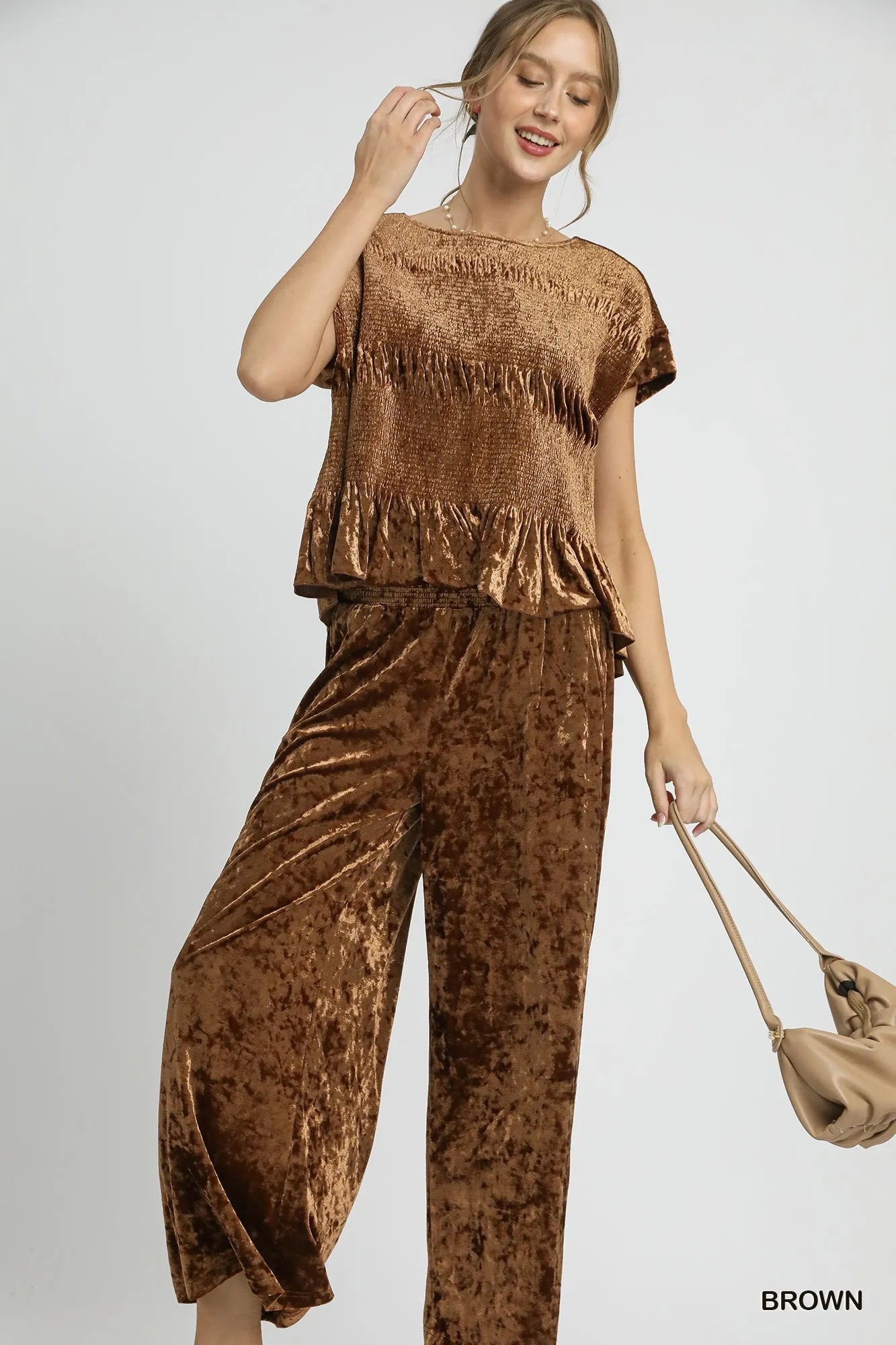 Umgee Velvet Smocked Waistband Wide Leg Pants Pants
