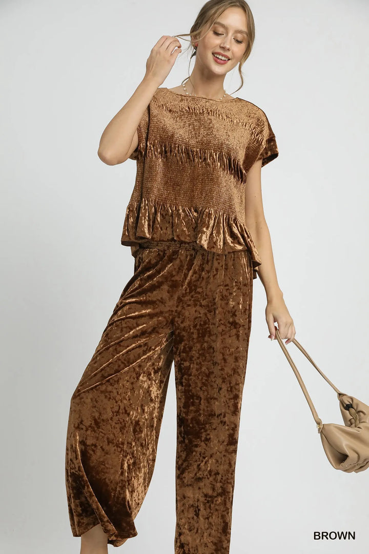 Umgee Velvet Smocked Waistband Wide Leg Pants Pants