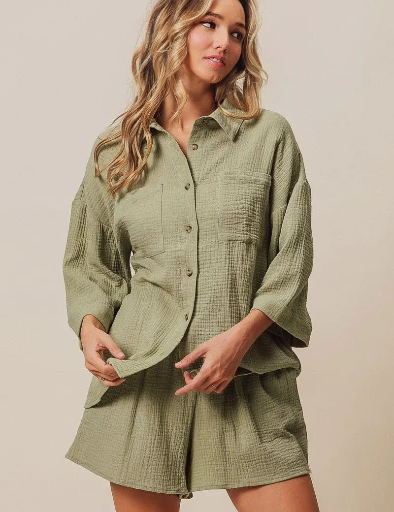 BiBi Crinkle Gauze Shirt and Short Set | Outfit Sets Daverri Fashions