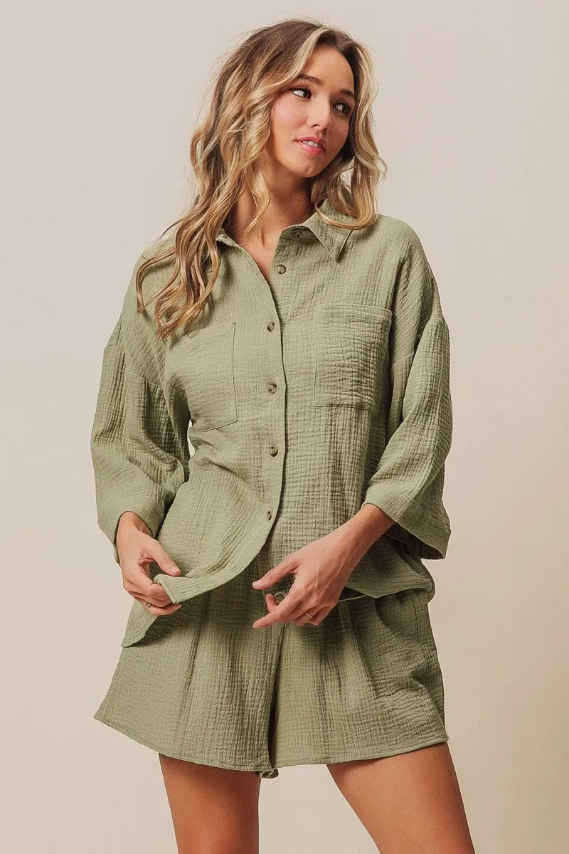 BiBi Crinkle Gauze Shirt and Short Set Outfit Sets