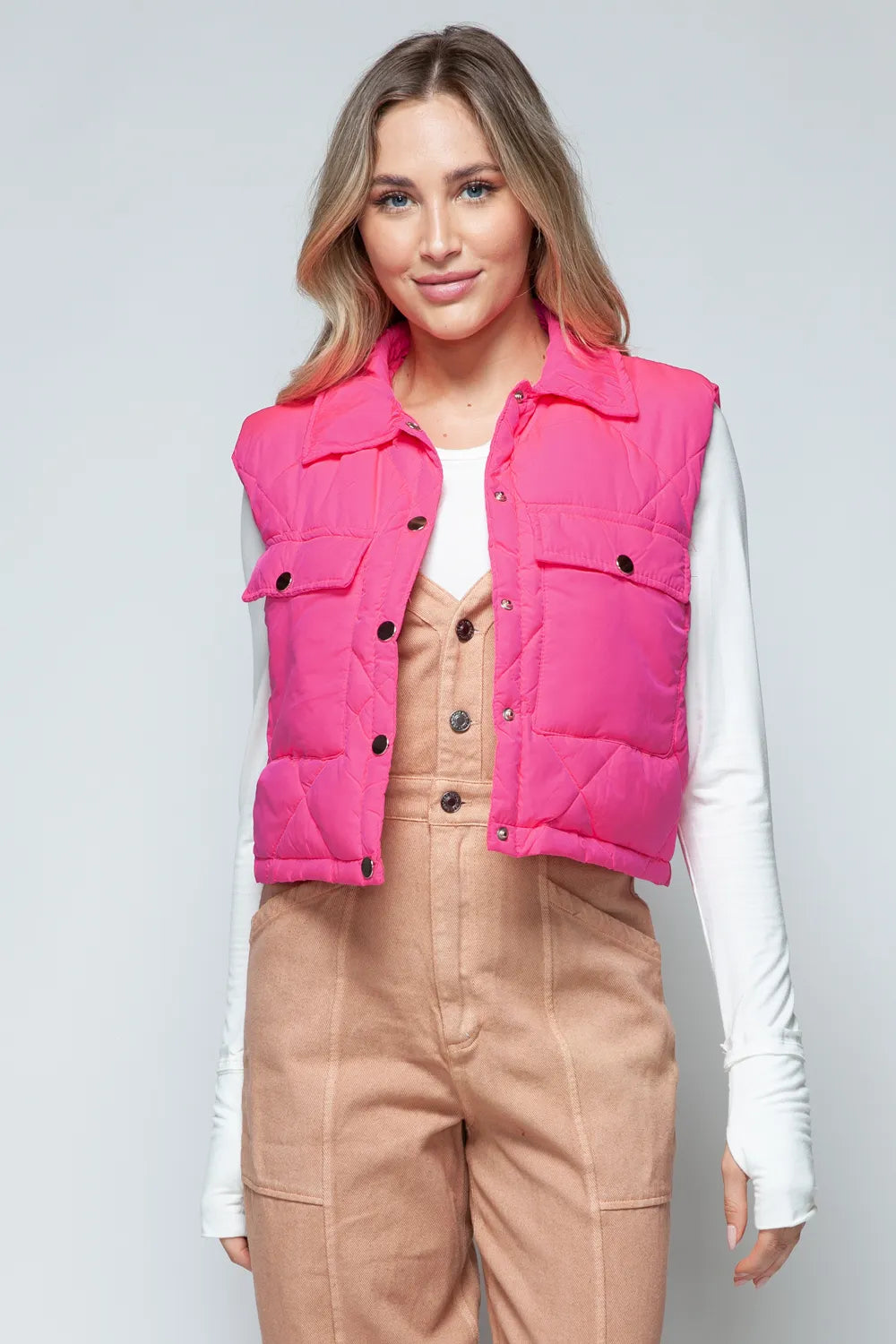 Snobbish Snap Down Quilted Crop Vest | Vest Jackets Daverri Fashions