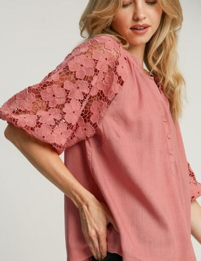 Umgee Full Size Lace Puff Sleeve Top Plus Size Tops