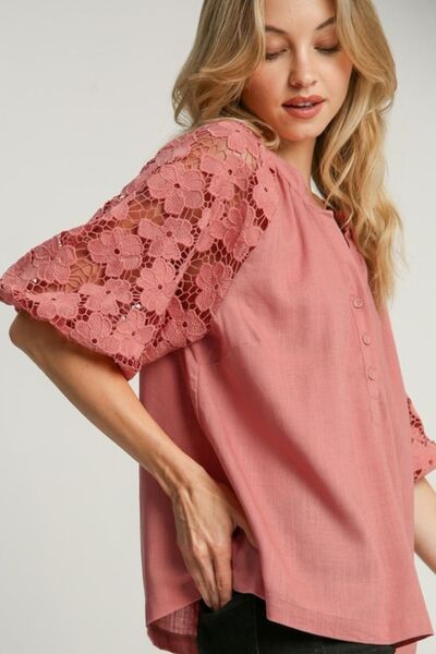 Umgee Full Size Lace Puff Sleeve Top Plus Size Tops