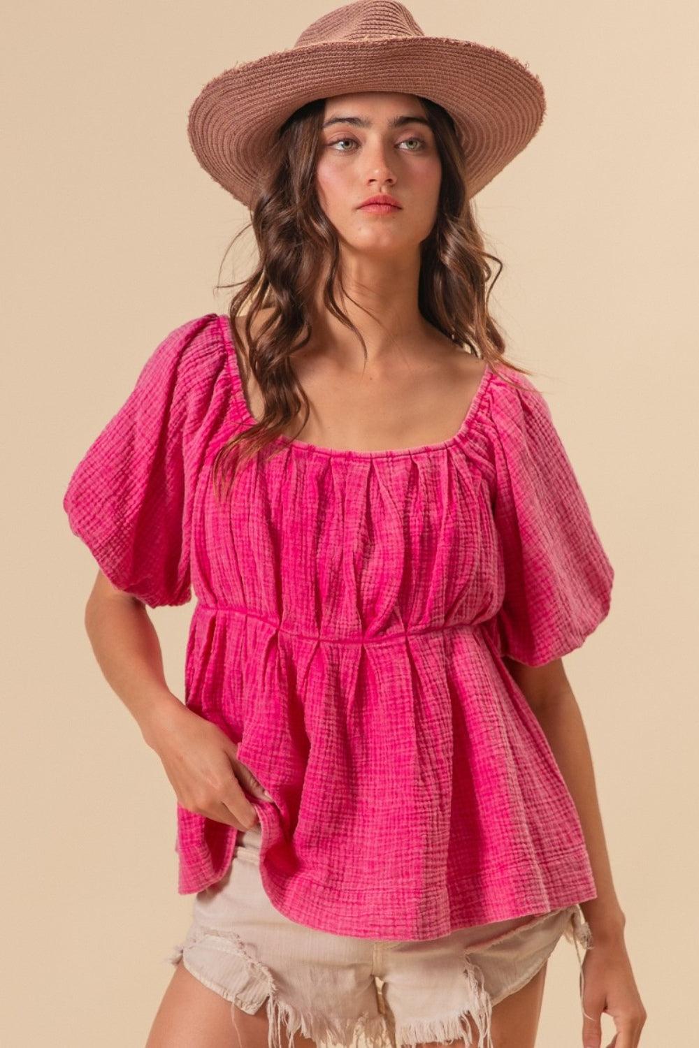 BiBi Pleated Puff Sleeve Washed Blouse Blouses