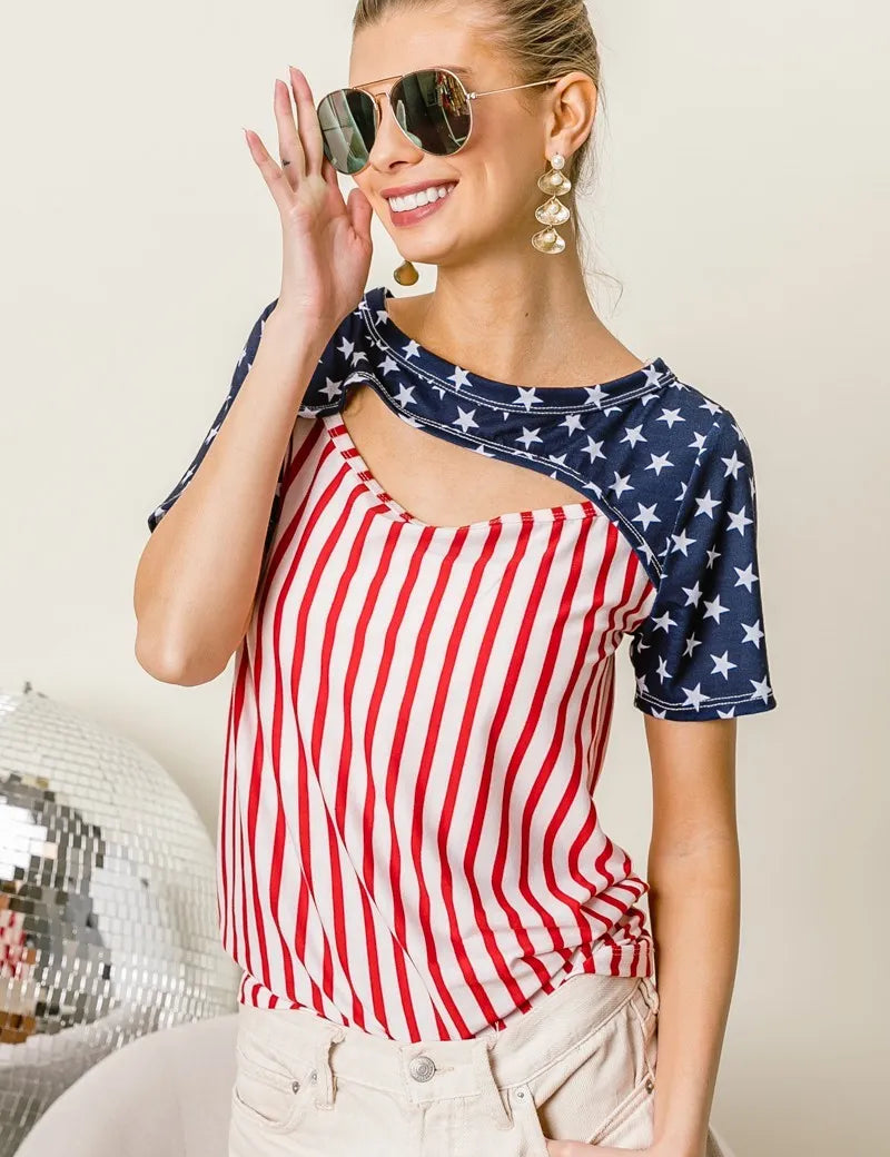 BiBi American Flag Theme Front Cut Out Top | Tops Daverri Fashions