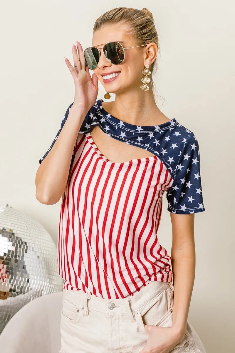 BiBi American Flag Theme Front Cut Out Top Tops