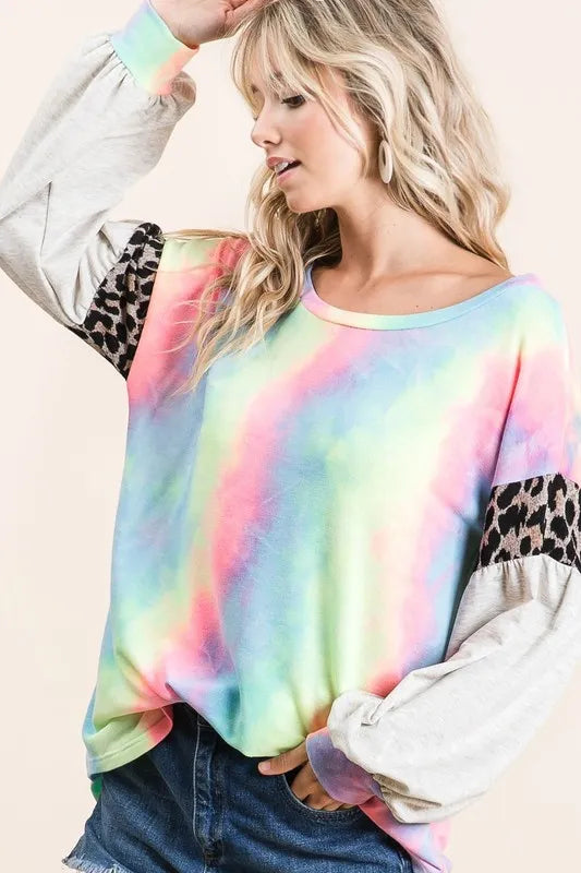 BiBi Tie Dye Terry Top with Contrast Puff Sleeves