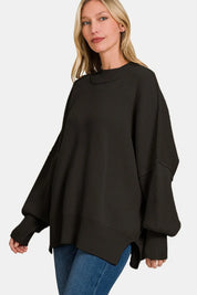 Zenana Side Slit Oversize Sweater Black | Sweaters Daverri Fashions