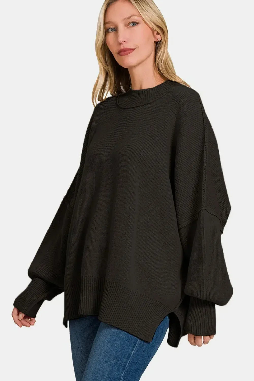 Zenana Side Slit Oversize Sweater Black - DAVERRI FASHIONS