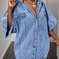 Oversized batwing sleeve light-wash denim shirt dress with collar and buttons