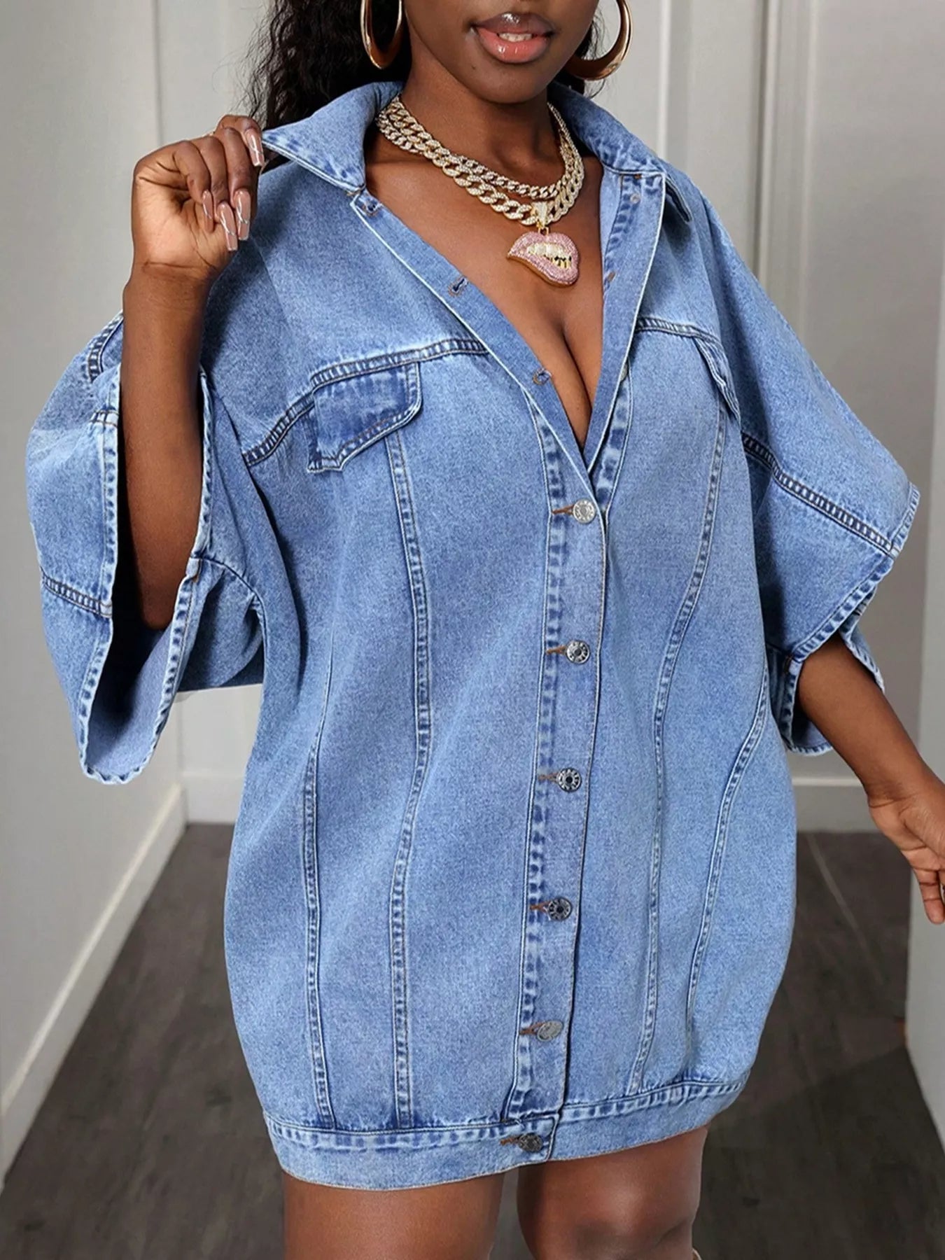 Oversized batwing sleeve light-wash denim shirt dress with collar and buttons