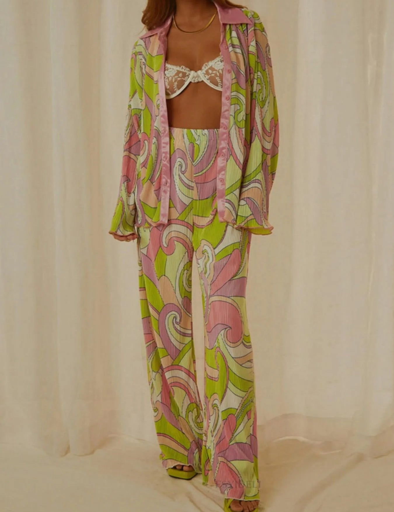 Multicolor Printed Button Up Shirt and Pants Set | Loungewear Sets Daverri Fashions