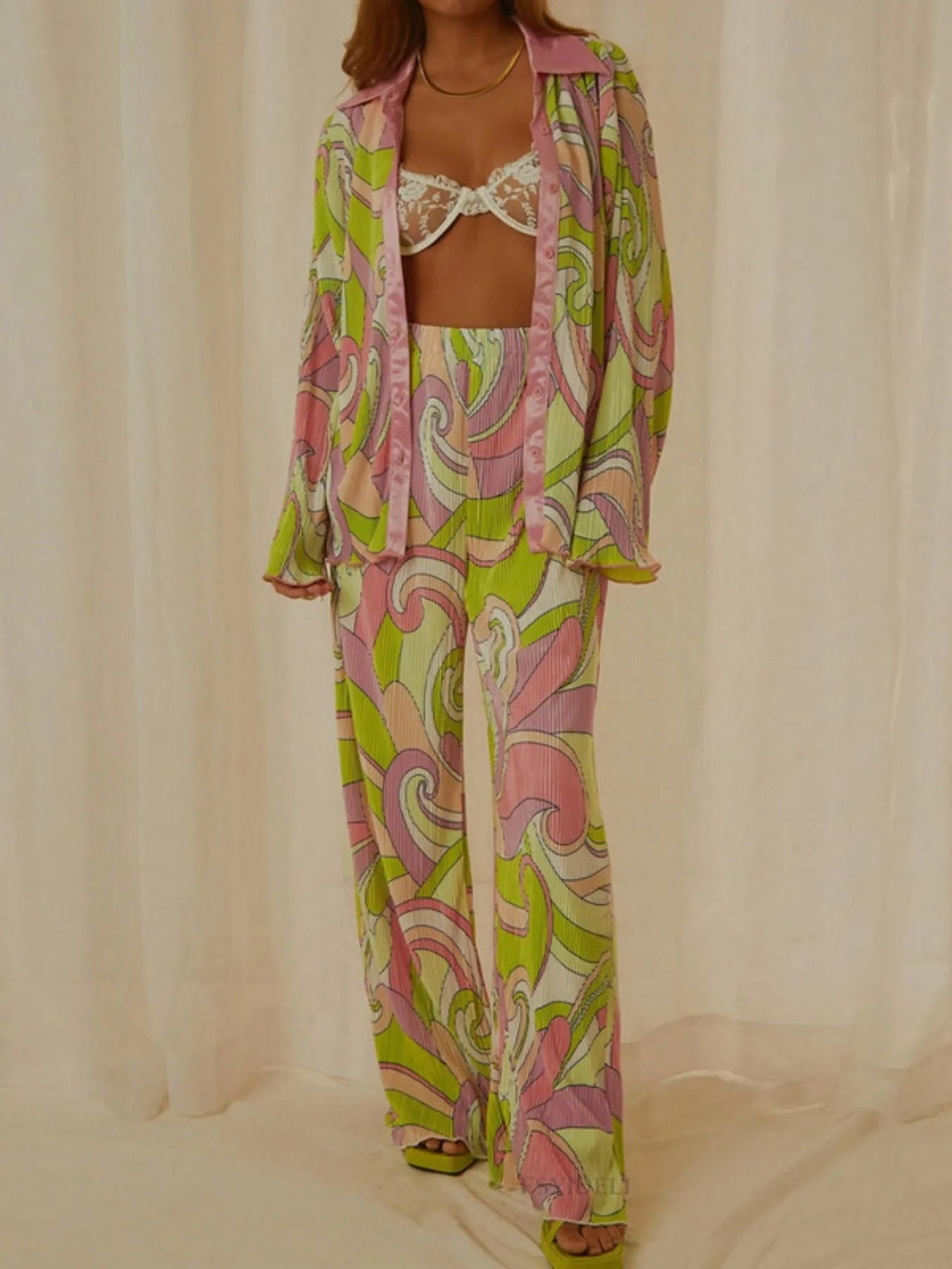 Multicolor Printed Button Up Shirt and Pants Set | Loungewear Sets Daverri Fashions