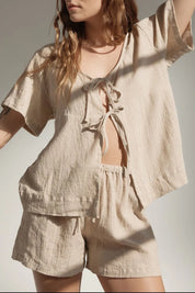 Plaid Tied Scoop Neck Short Sleeve Top and Drawstring Shorts Set | Outfit Sets Daverri Fashions
