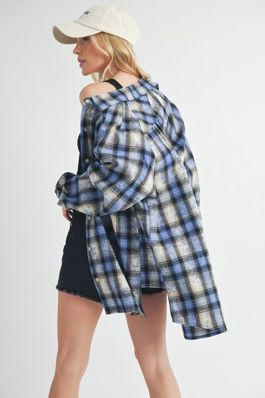 Aemi + Co Washed Plaid Button Up Raglan Sleeve Flannel Shirt