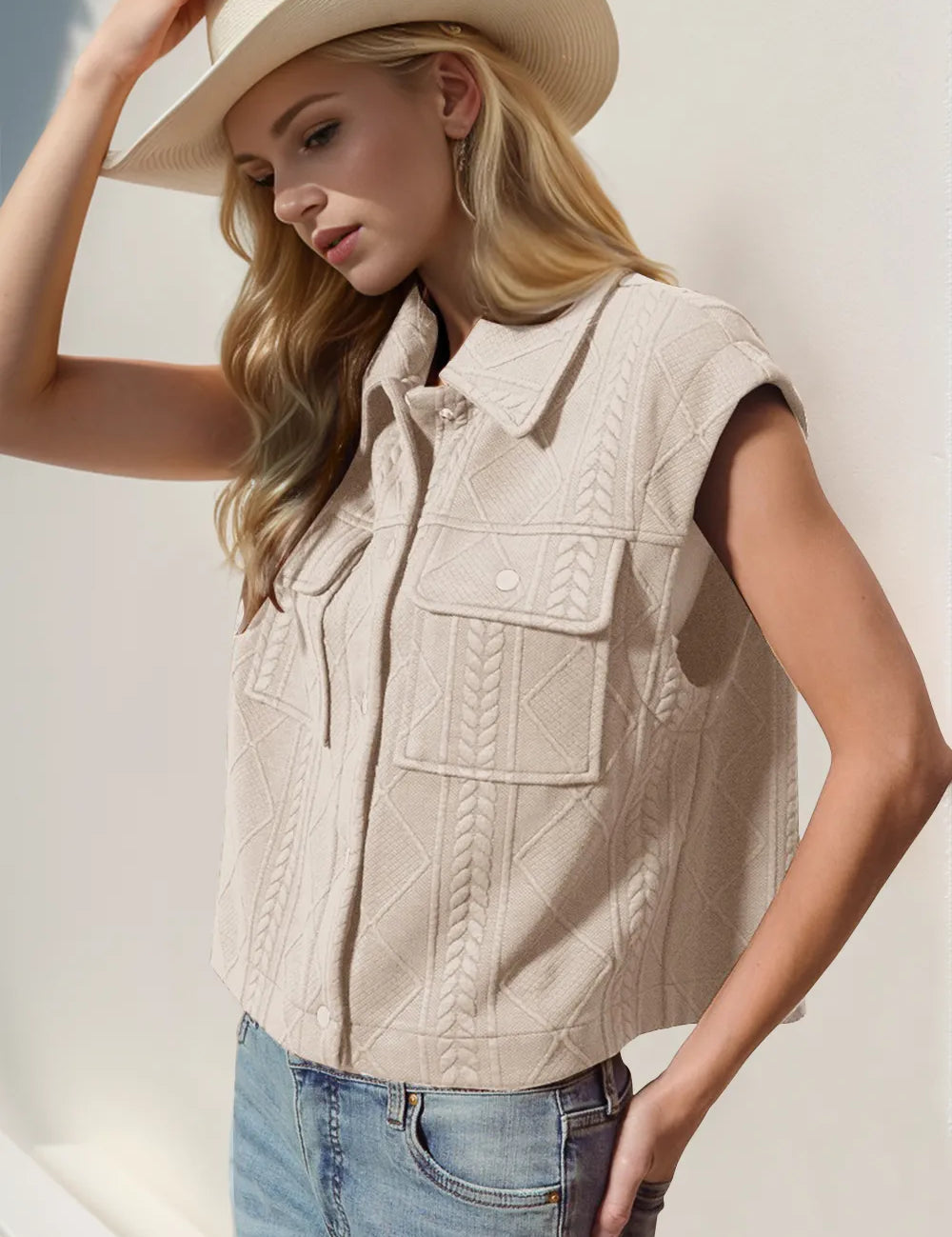 Dust Storm Double Take Snap Down Texture Crop Vest | Vests Daverri Fashions