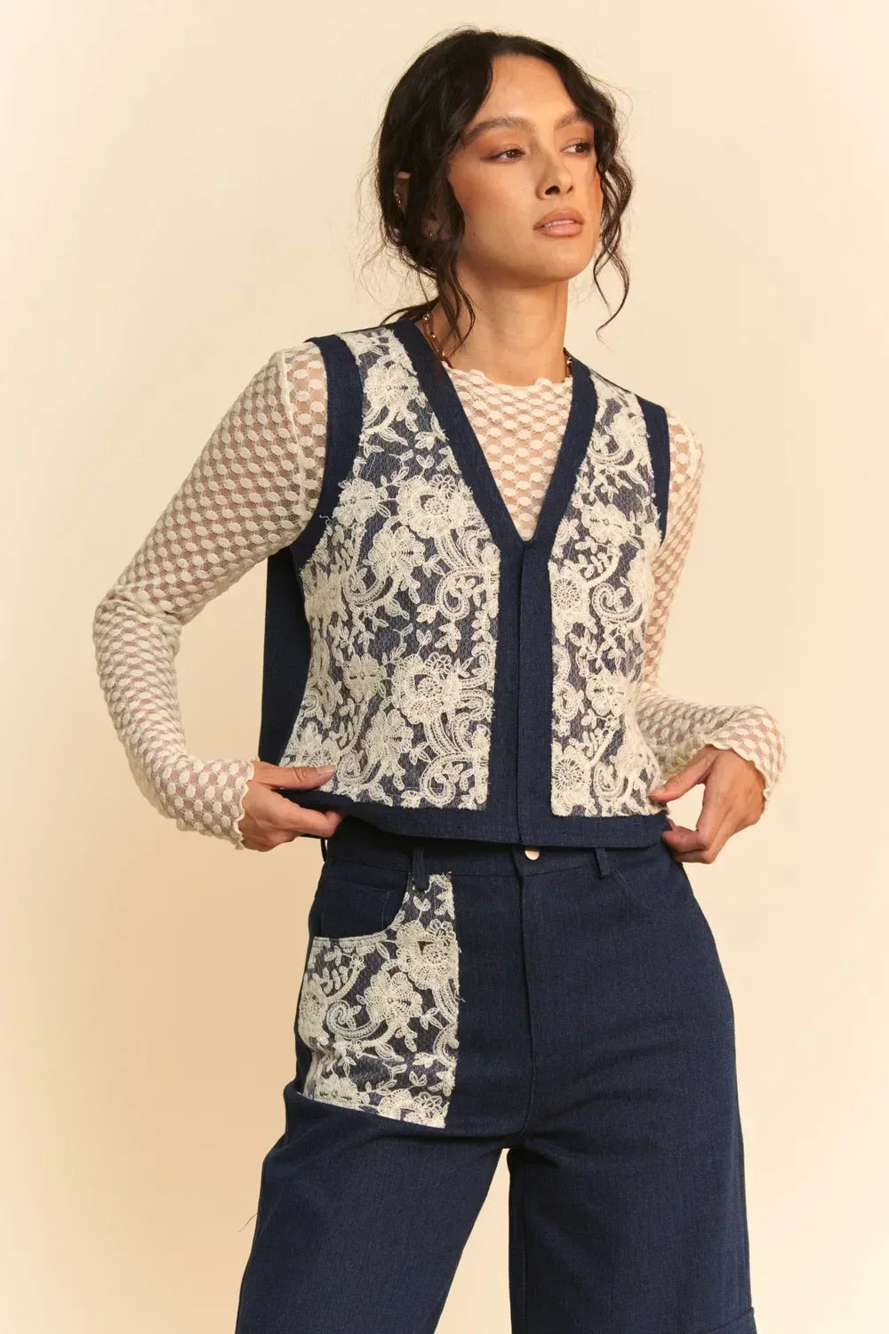 Davi & Dani Lace Patch Open Front Denim Vest - DAVERRI FASHIONS
