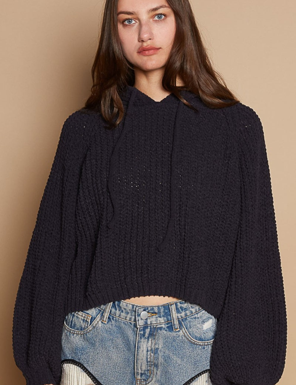 POL Back Open Slit Balloon Sleeve Crop Hooded Sweater Indigo