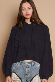 POL Back Open Slit Balloon Sleeve Crop Hooded Sweater Indigo