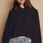 POL Back Open Slit Balloon Sleeve Crop Hooded Sweater Indigo