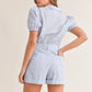 MABLE Striped Puff Sleeve Collared Neck Romper Rompers