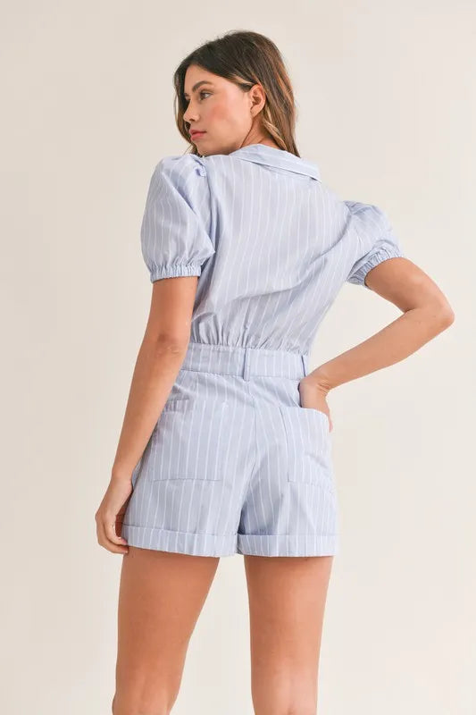 MABLE Striped Puff Sleeve Collared Neck Romper Rompers