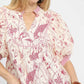 Umgee mixed print puff sleeve split neck top in soft off-white with pink florals