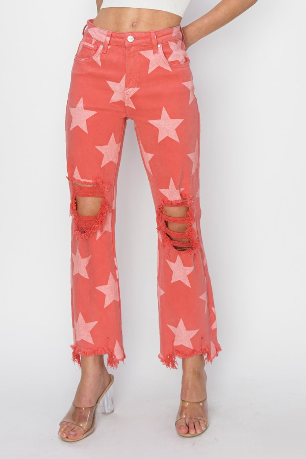 RISEN Full Size Distressed Raw Hem Star Pattern Jeans Peach Blossom Jeans