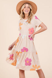 BOMBOM Floral Round Neck Short Sleeve Tiered Dress | Daverri Fashions