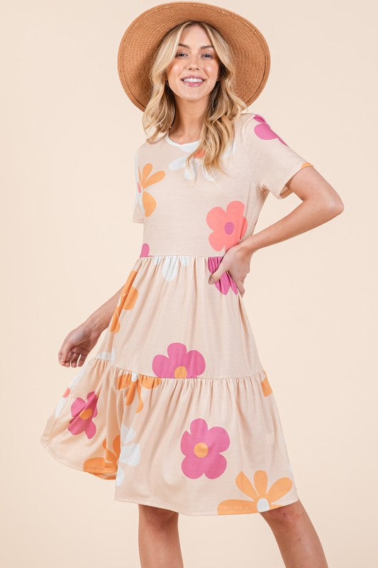 BOMBOM Floral Round Neck Short Sleeve Tiered Dress