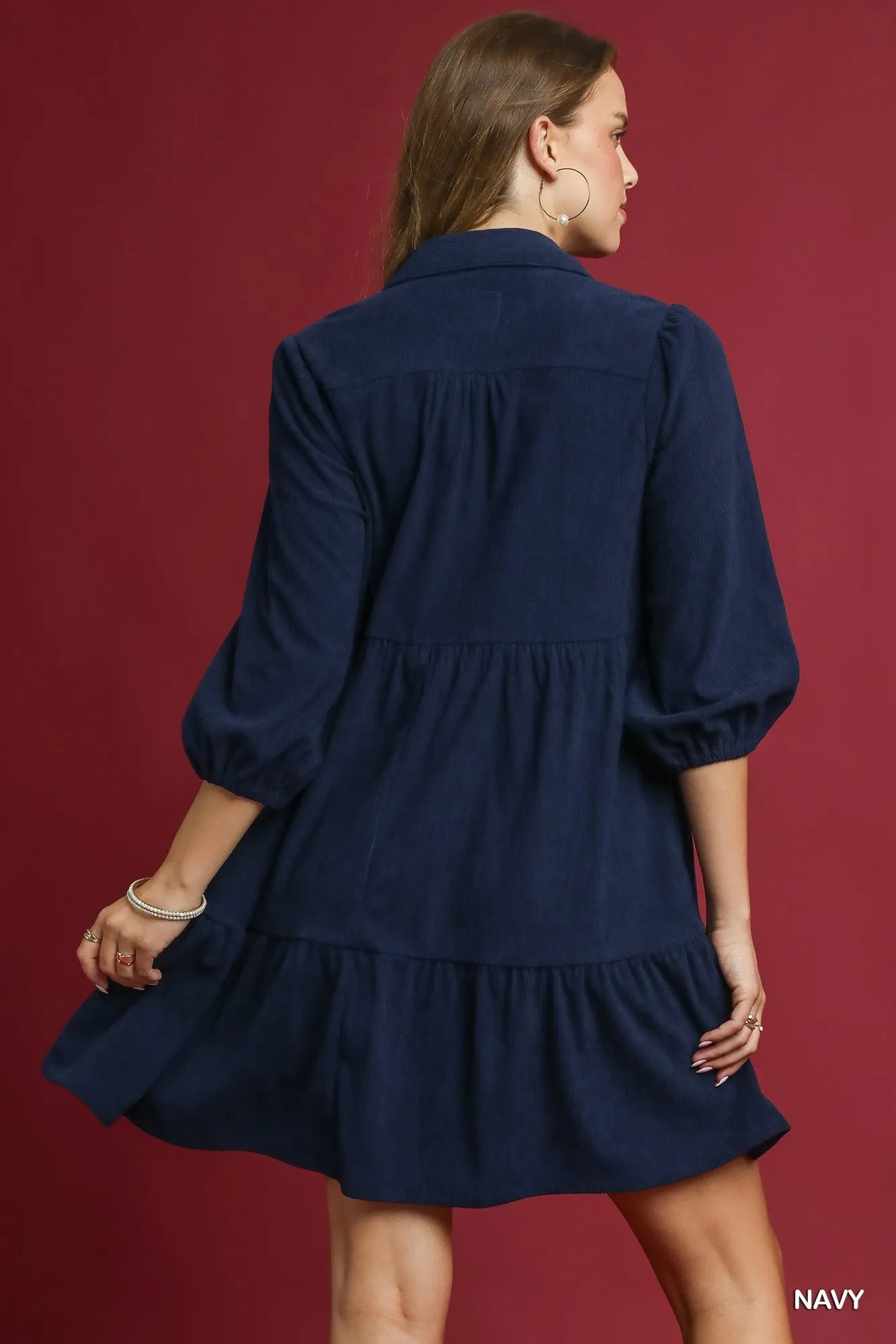 Umgee Tiered Corduroy Mini Dress with Balloon Sleeves Mini Dresses
