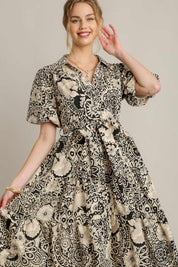 Umgee Full Size Mixed Print A-Line Tiered Midi Dress Plus Size | Daverri Fashions