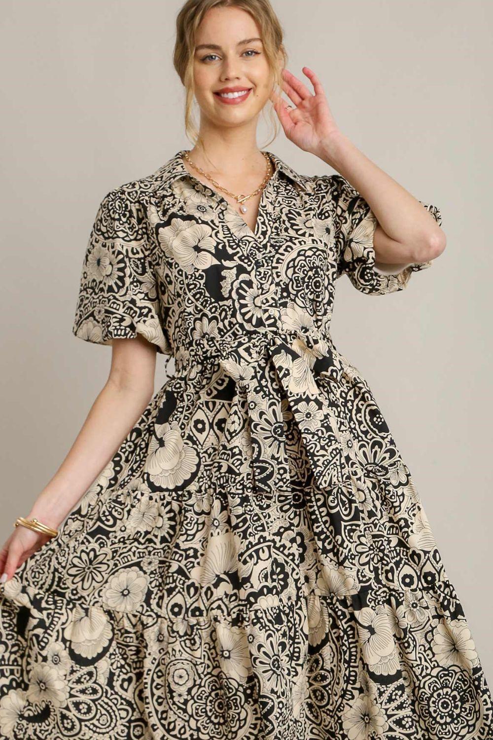 Umgee Full Size Mixed Print A-Line Tiered Midi Dress Plus Size