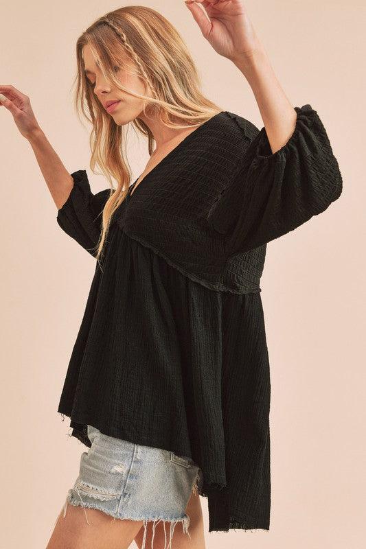 Aemi + Co High-Low Frayed Hem V-Neck Blouse - DAVERRI FASHIONS