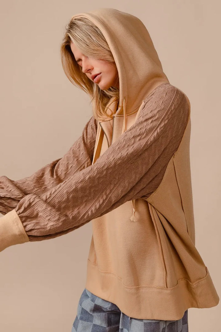 BiBi Half Zip French Terry Hoodie with Kint Sleeves | Daverri Fashions
