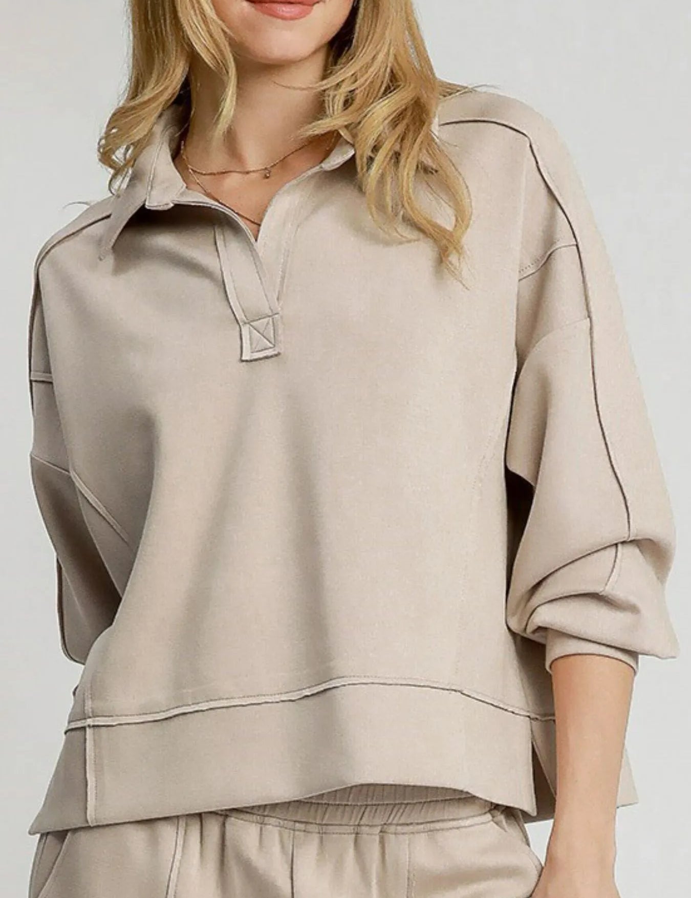 Umgee Exposed Seam Long Sleeve Polo Top with Side Slit | Tops Daverri Fashions