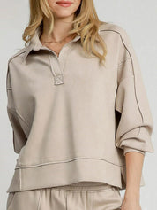 Umgee Exposed Seam Long Sleeve Polo Top with Side Slit | Tops Daverri Fashions