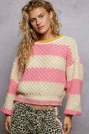 POL Contrast Striped Round Neck Sweater with Textured Cable Knit Pattern | Sweaters Daverri Fashions