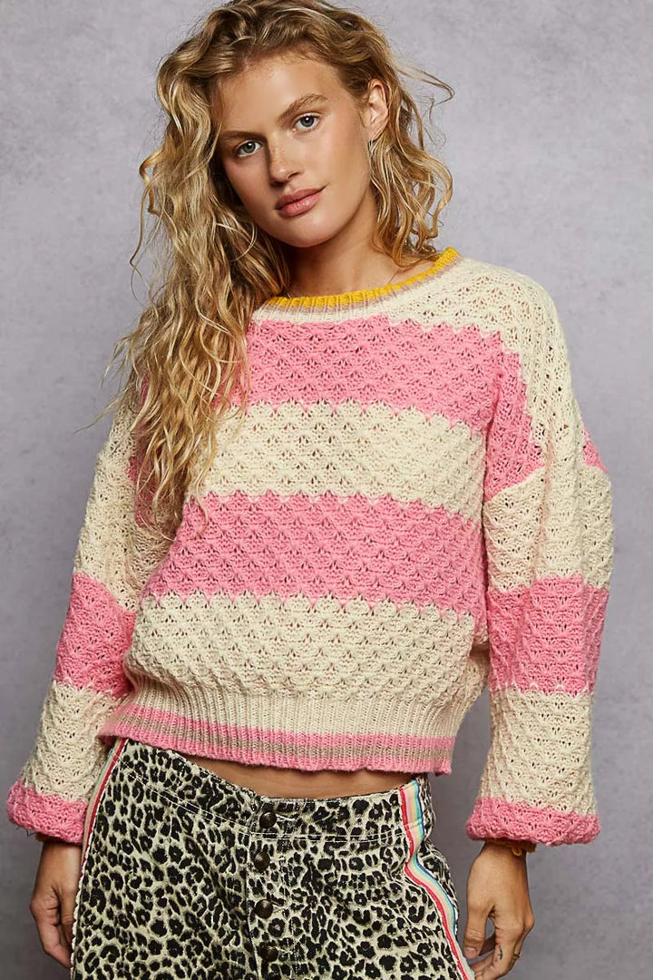 POL Contrast Striped Round Neck Sweater with Textured Cable Knit Pattern | Sweaters Daverri Fashions