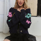 ADORA Flower Button Down Lantern Sleeve Cardigan Dark Navy Cardigans