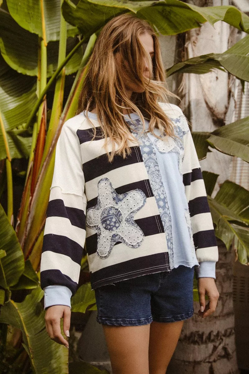 BiBi patchwork striped round neck sweatshirt with starfish applique