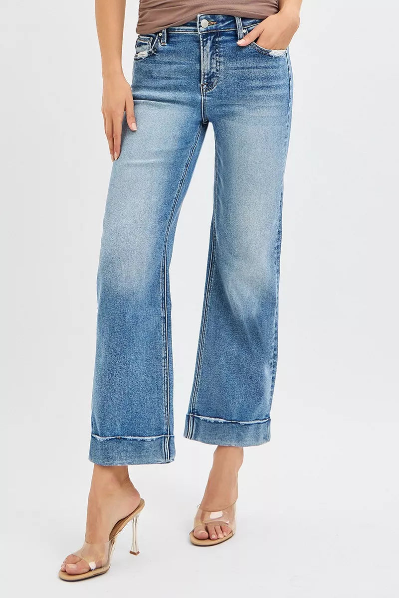 RISEN Full Size Mid Rise Crop Straight Jeans with Taylor Cuffed Plus Size | Jeans Daverri Fashions